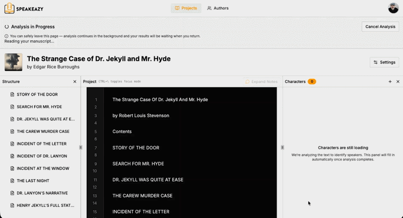 AI analysis in progress showing character detection and dialogue attribution