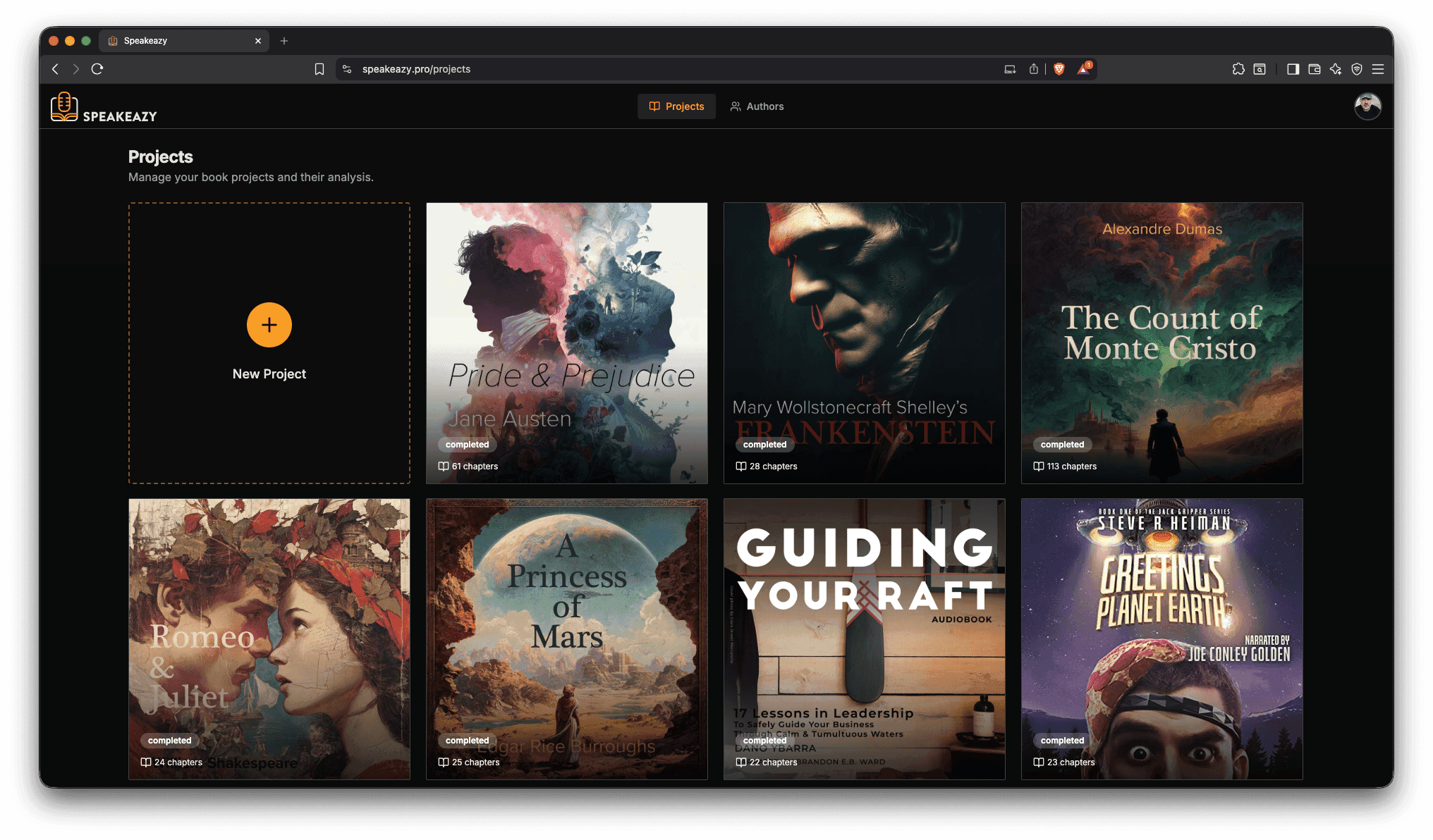 Project organization interface showing author grouping and project library