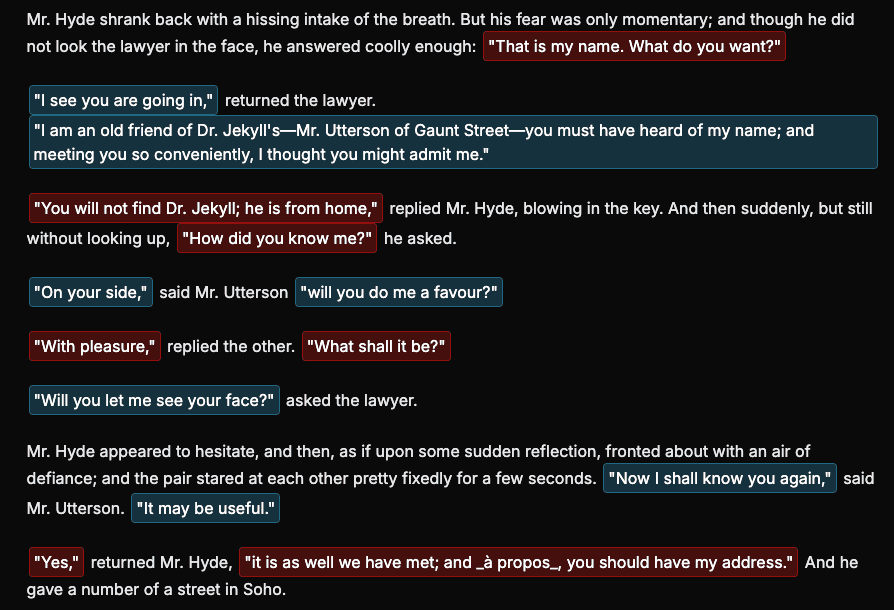 AI analysis in progress showing quote attribution and dialogue detection