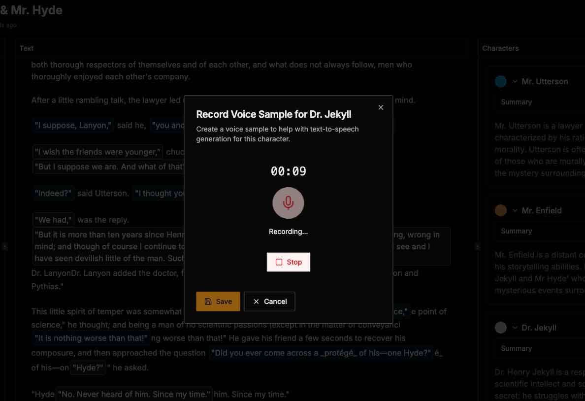 Voice recording interface showing character voice samples and playback controls