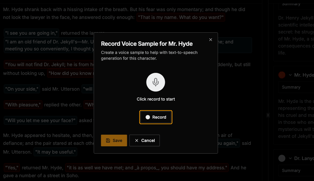 Recording-ready interface showing color-coded dialogue and character navigation
