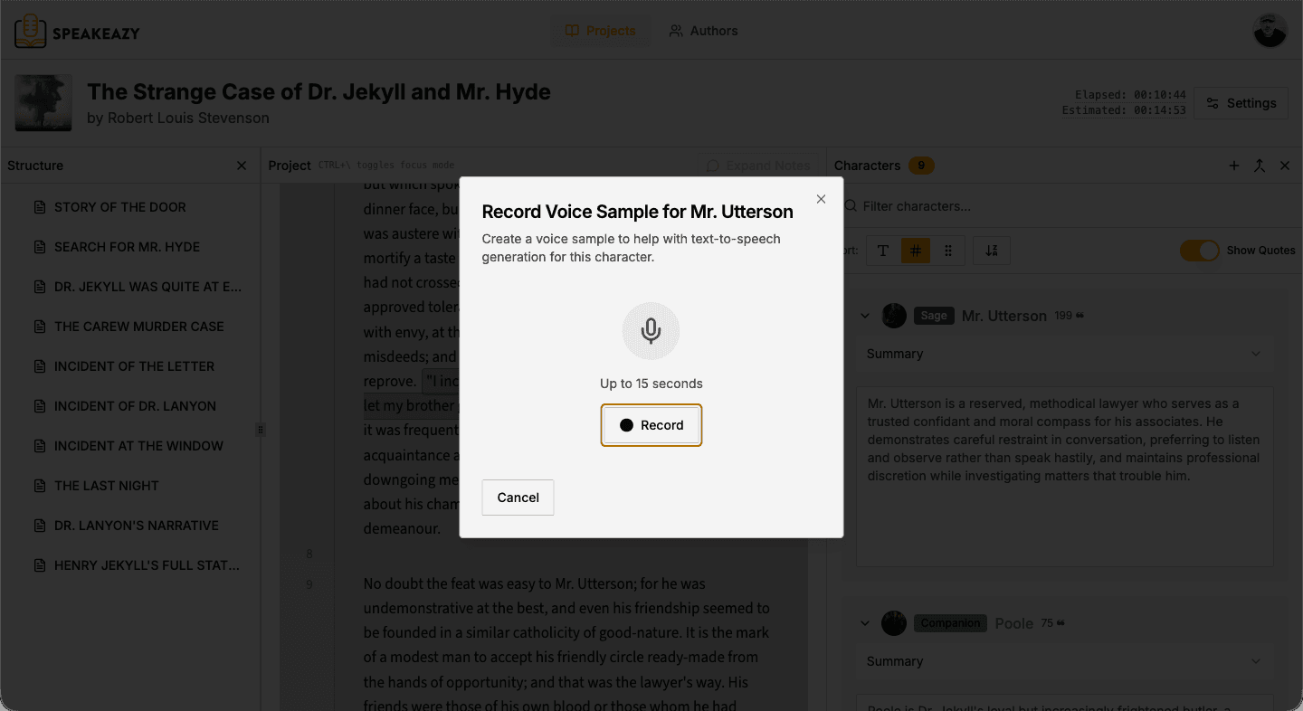 Recording-ready interface showing color-coded dialogue and character navigation