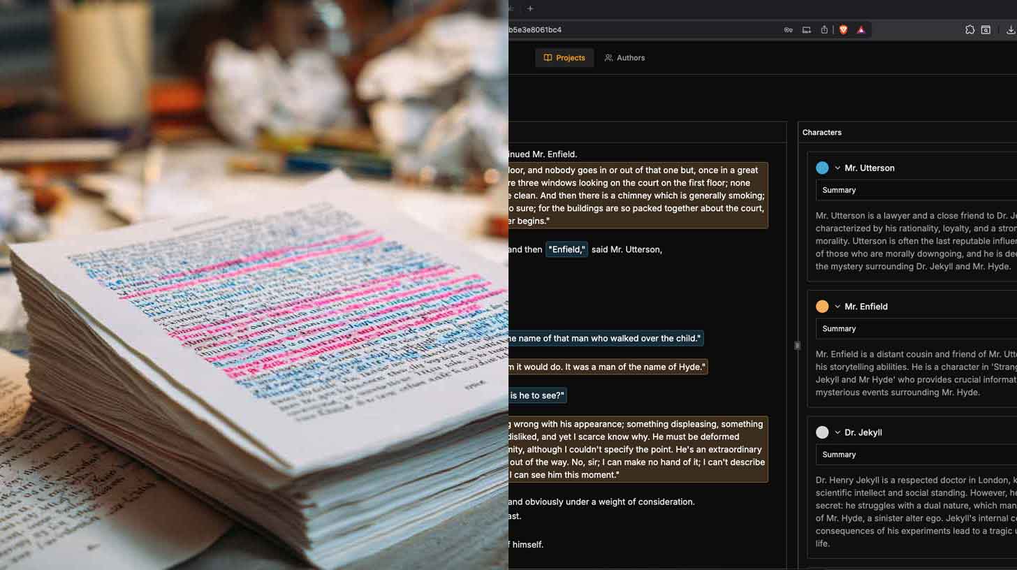 Before: Messy script with handwritten notes and highlighters. After: Clean Speakeazy interface with organized characters.