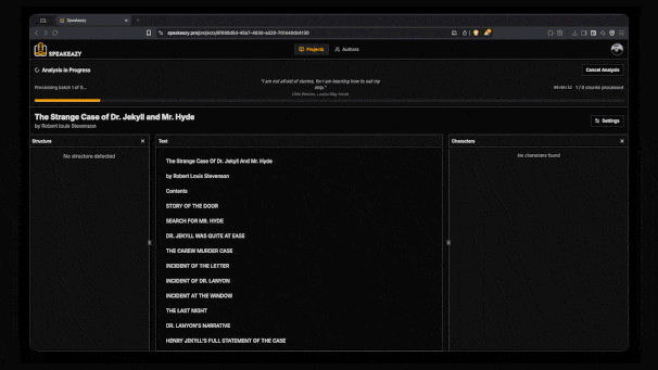 AI-powered script analysis interface showing character detection and dialogue attribution